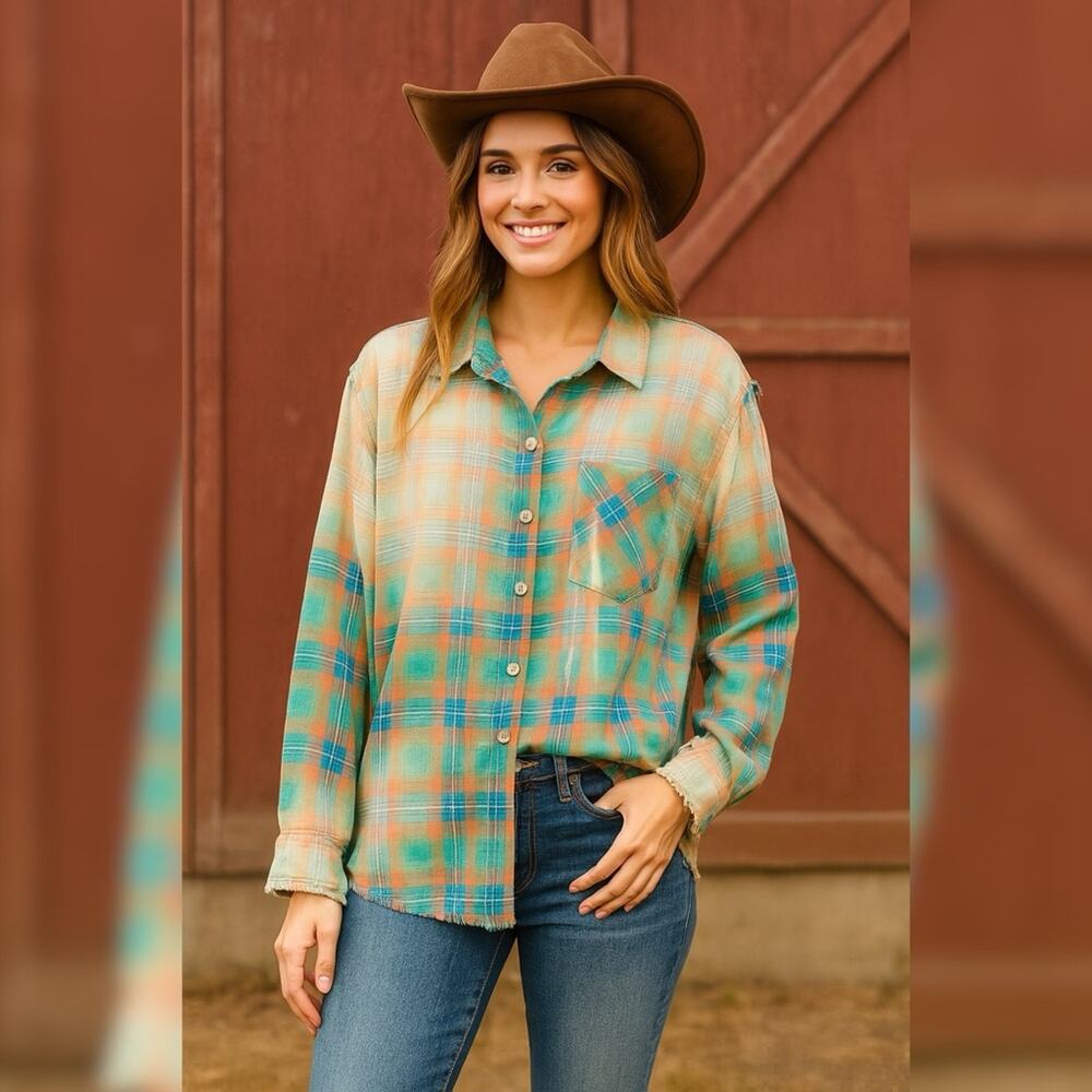 BiBi Button Down Faded Plaid Shirt‎ – XL NWT
